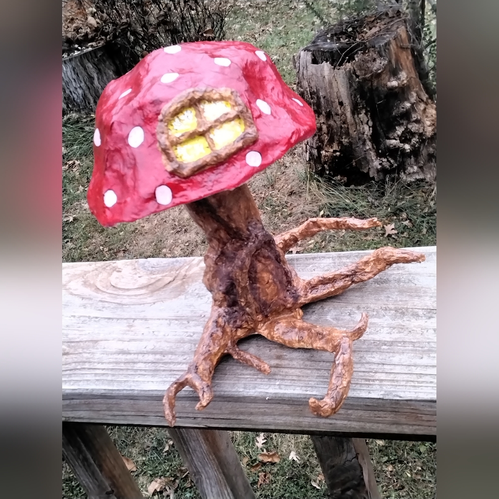 Paper mache tree with bright red mushroom cap..fairy house...